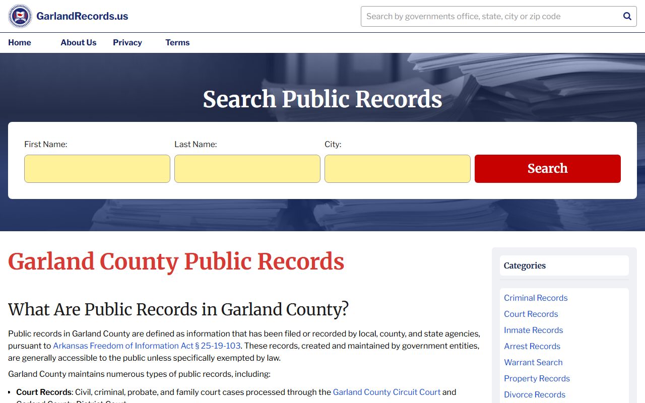Garland County records portal supporting Hot Springs Death Index and public records research