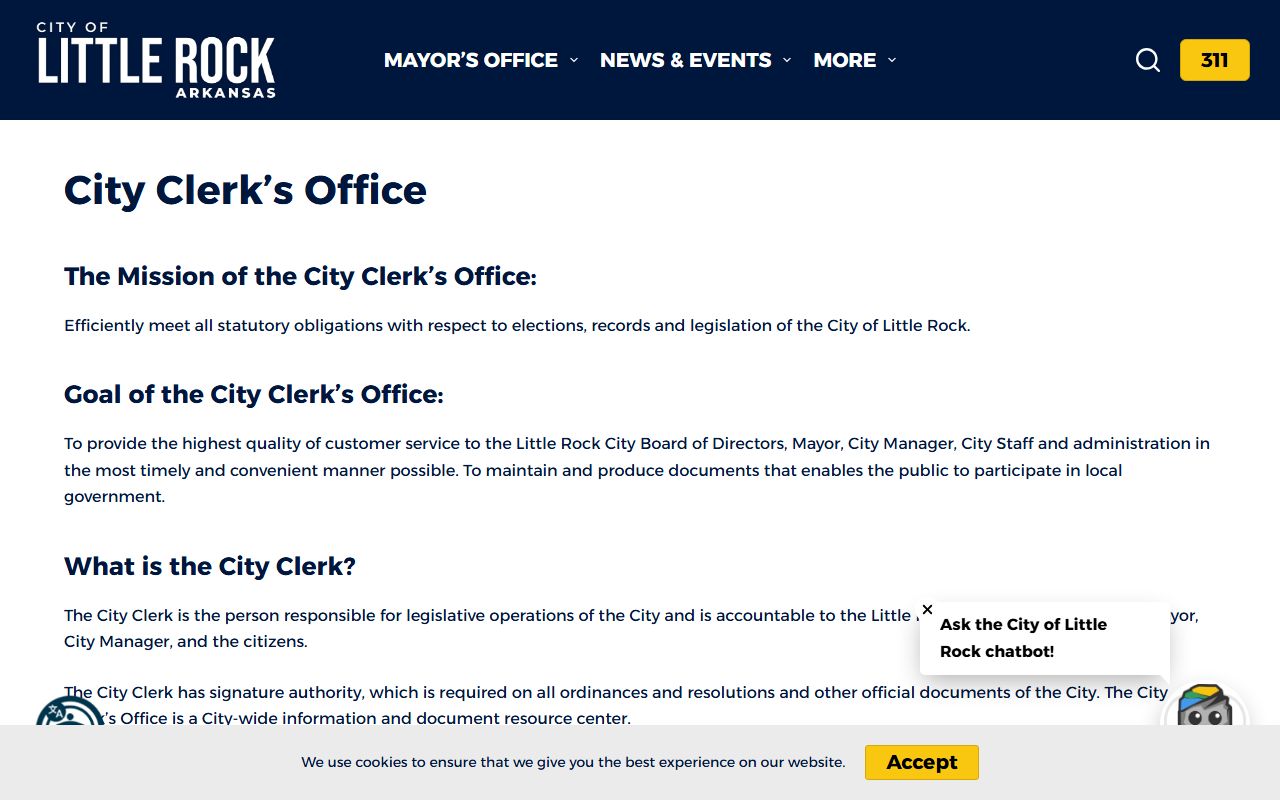 Little Rock City Clerk office webpage showing cemetery records and city document resources for Death Index research