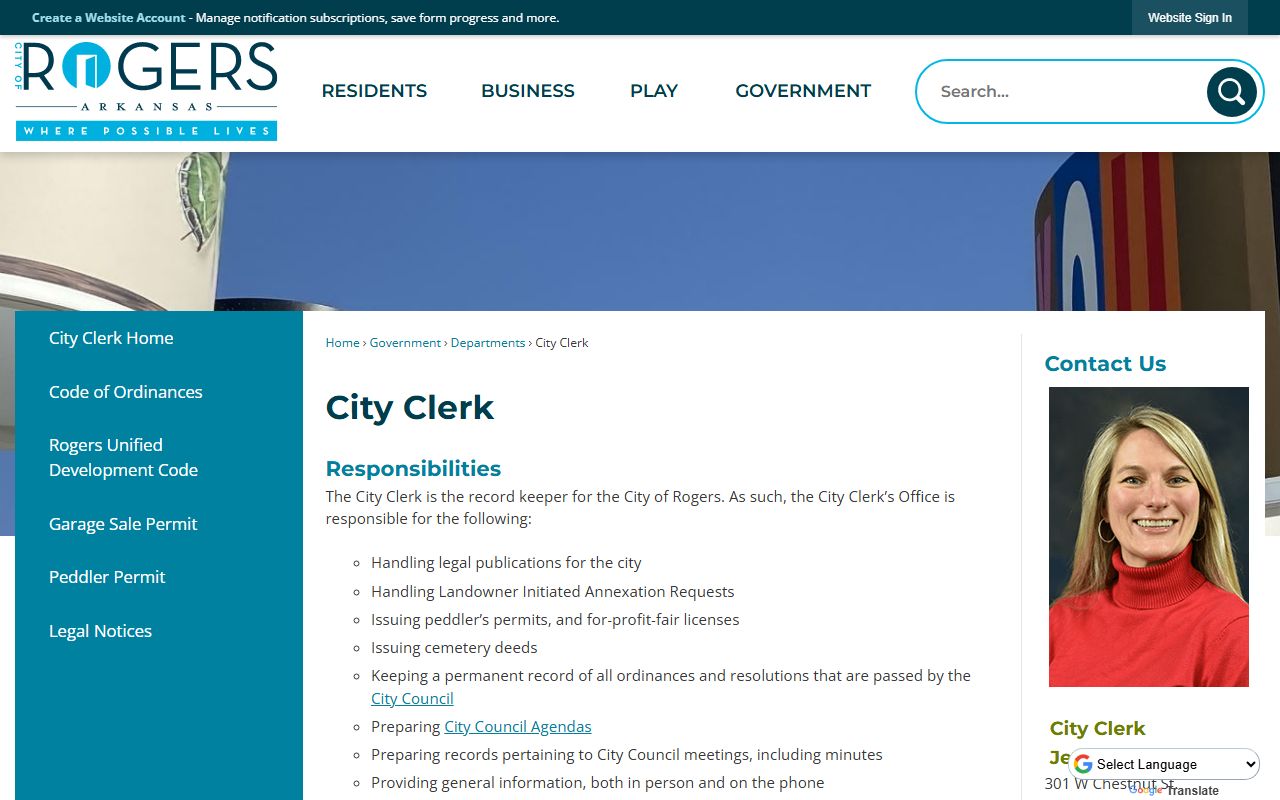 Rogers City Clerk office page, the official record keeper for Rogers Death Index and municipal records