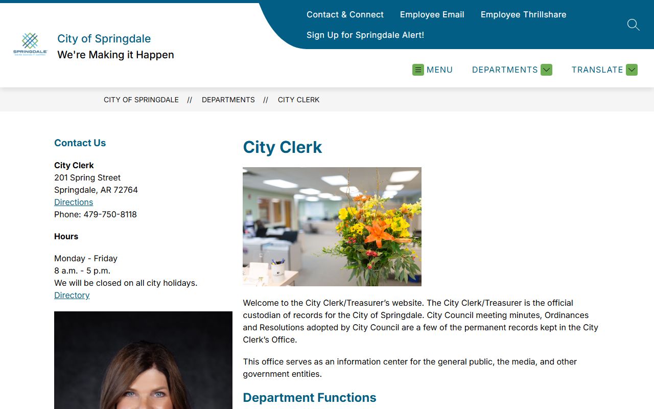 Springdale City Clerk Treasurer office page, the custodian of municipal records for Springdale Death Index research
