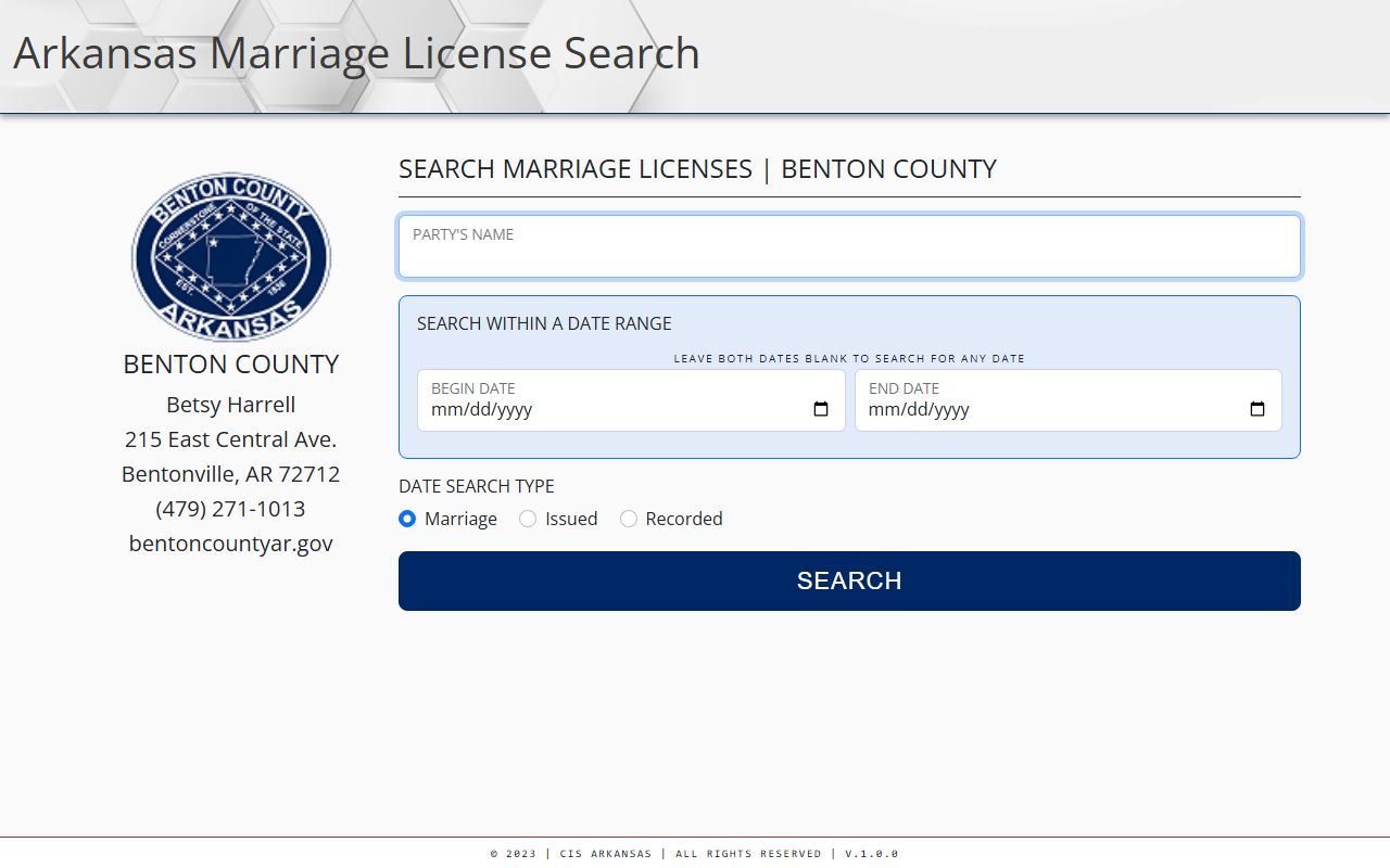 Benton County marriage records search through CIS Arkansas database