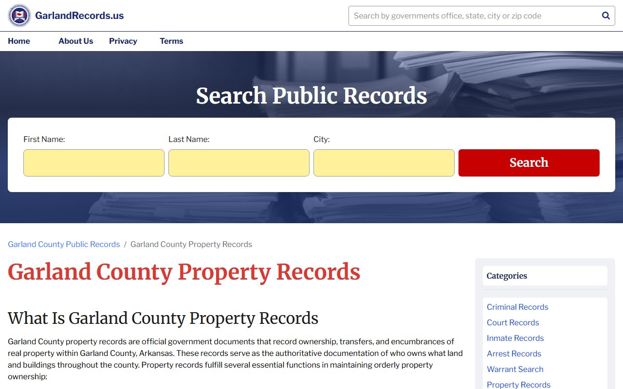 Garland County property records database for death index research in Hot Springs