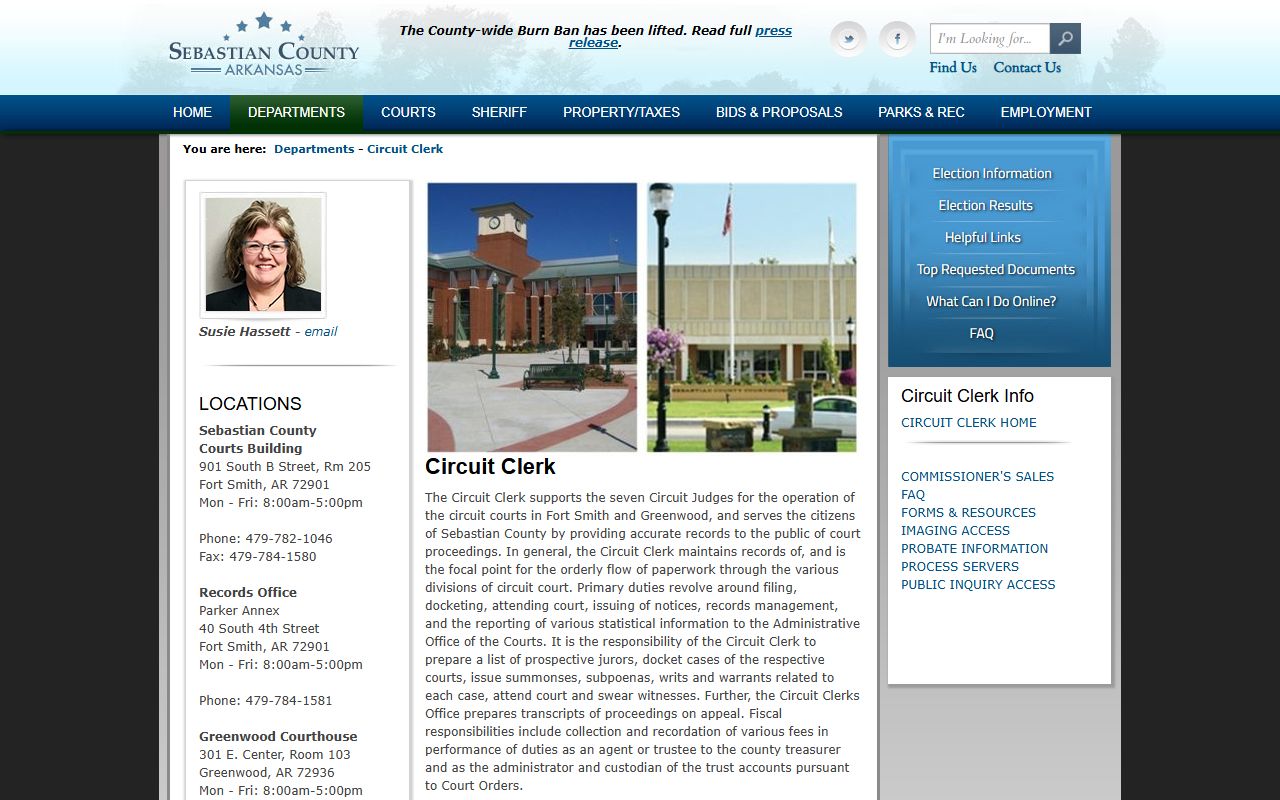 Sebastian County Circuit Clerk office maintains probate and court records for death index research