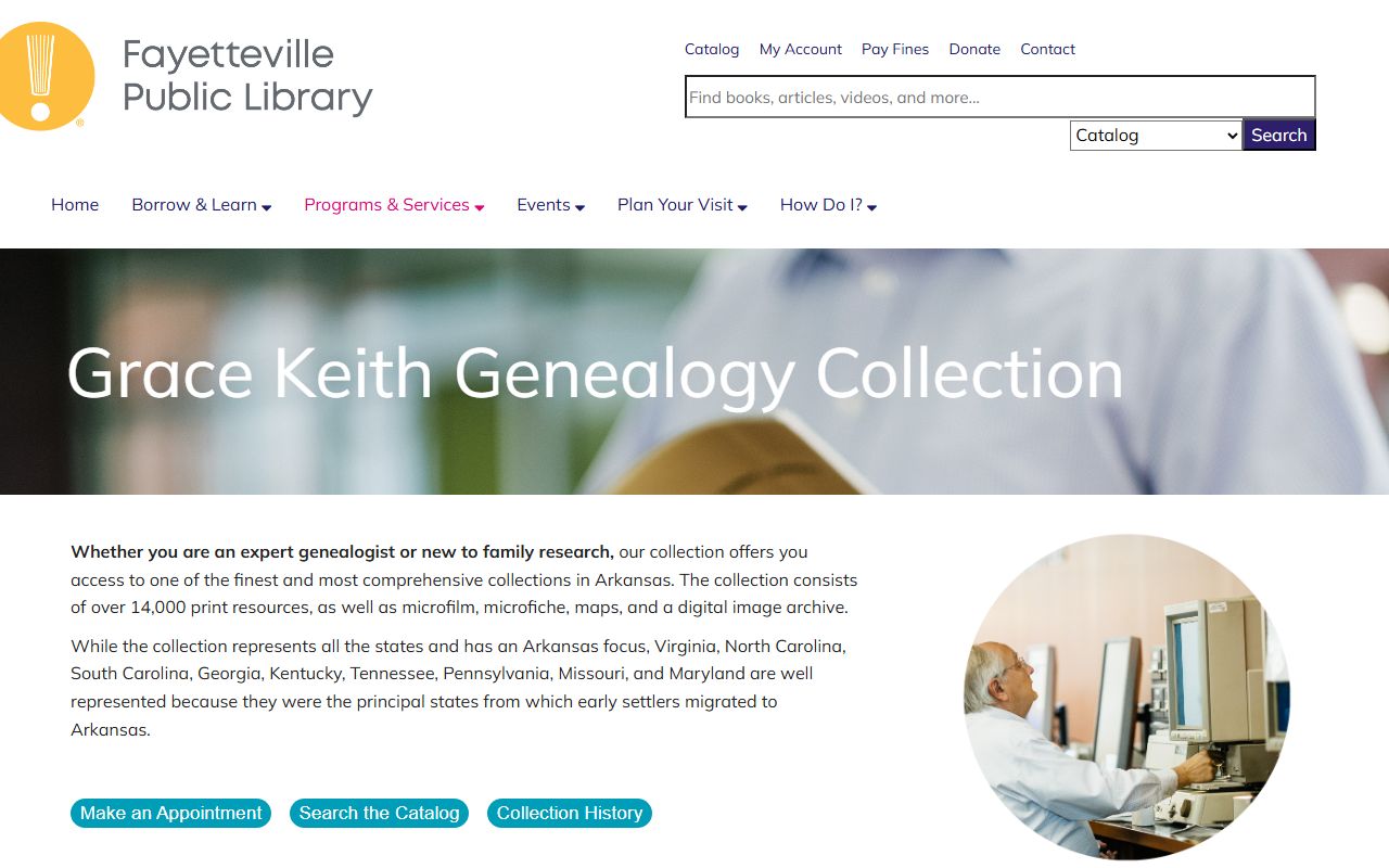 Fayetteville Public Library genealogy collection for Washington County death index research