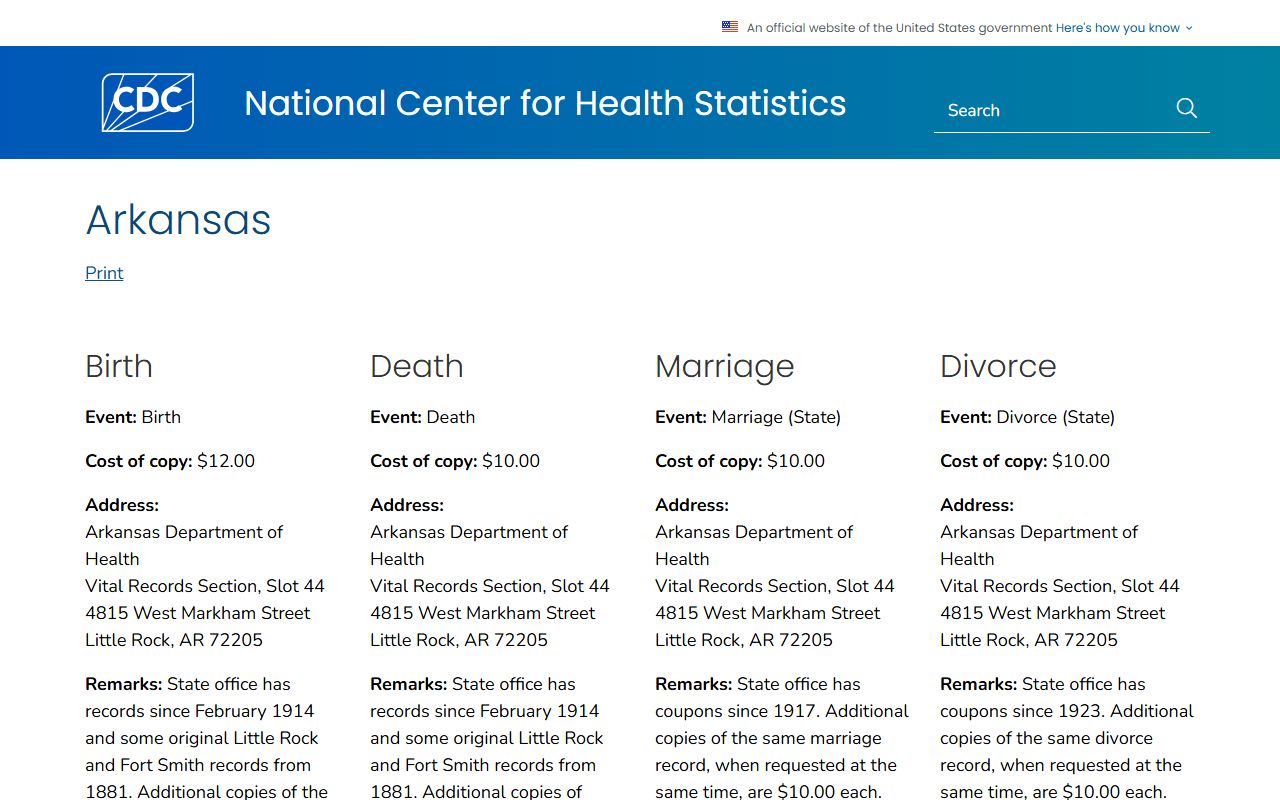 CDC Arkansas vital records guide for the Arkansas Death Index